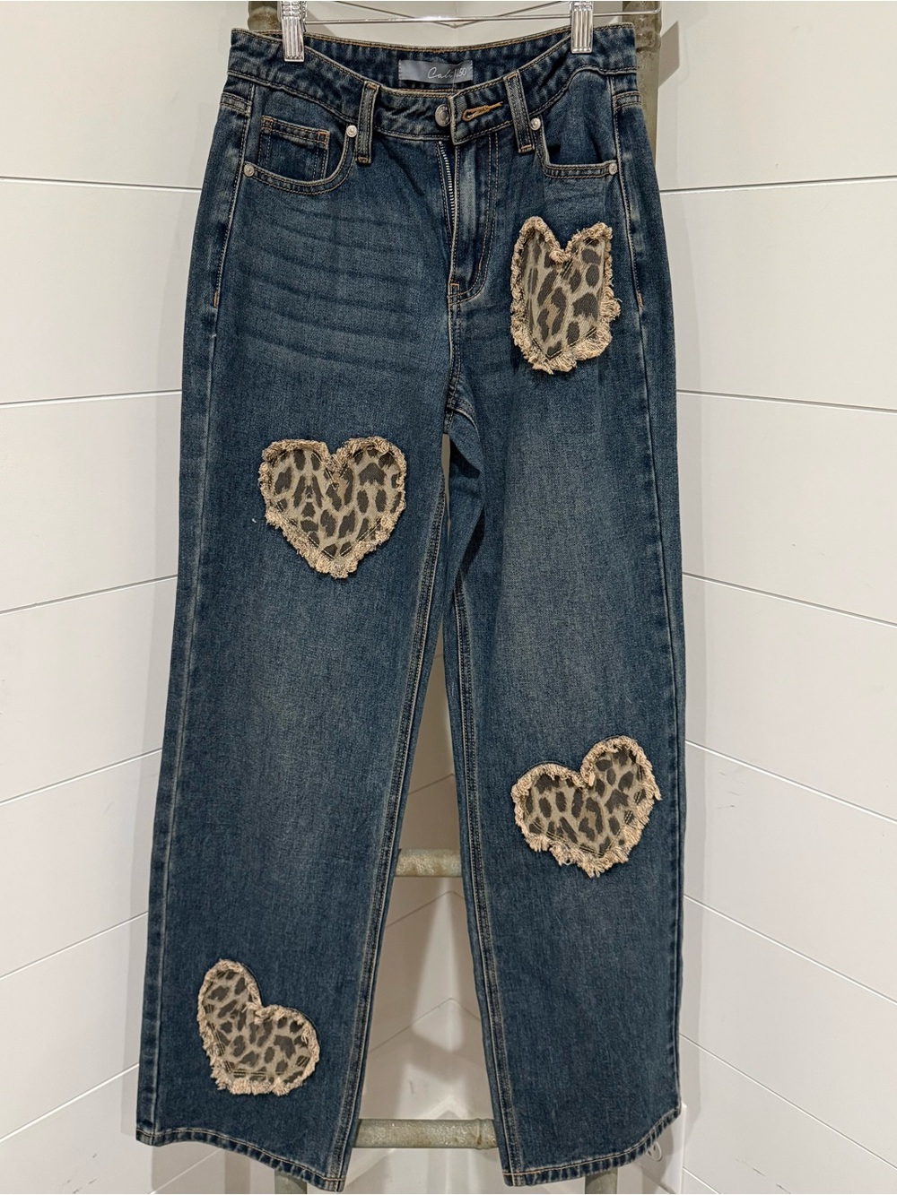 NEW: “The Clarissa”Dark Denim Heart leopard Patch Jeans